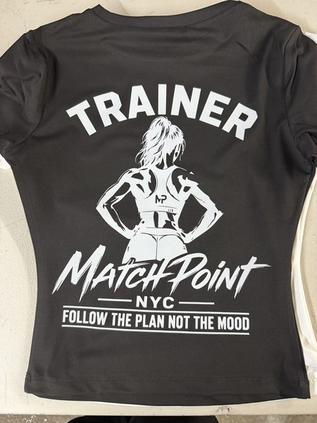 White TRAINER Match Point NYC back print on a black fitted performance tee
